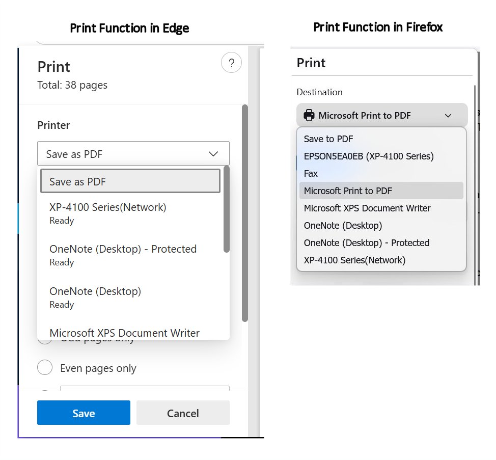 Screen captures of the print function menus in Edge and Firefox