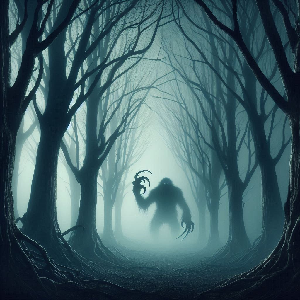 Image of a monster in the forrest hidden by fog.